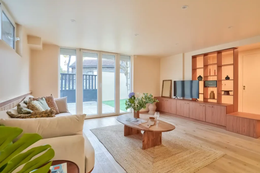 Salon avec canapé crème, portes vitrées sur jardin et télévision — Maison Villejuif Hamon, coliving IvyNest à Villejuif
