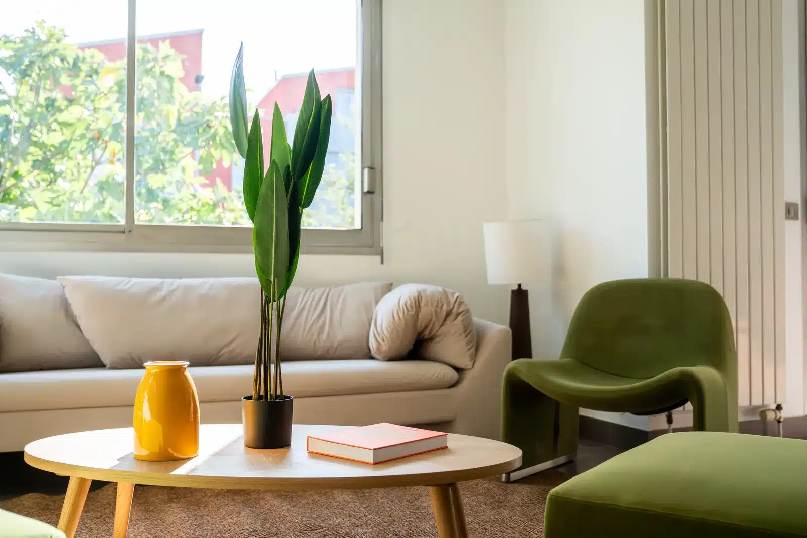 Coin salon avec canapé et plantes, coliving Paris Montreuil